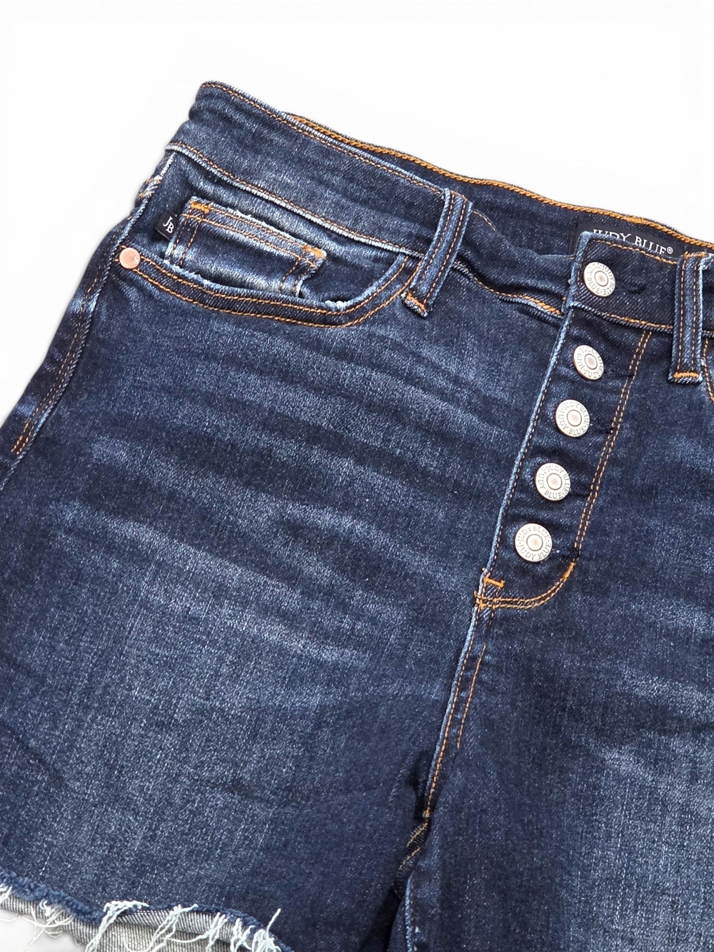 Judy Blue High Rise Button Fly Raw Hem Denim Shorts Distressed Dark Wash Large - Picture 3 of 10